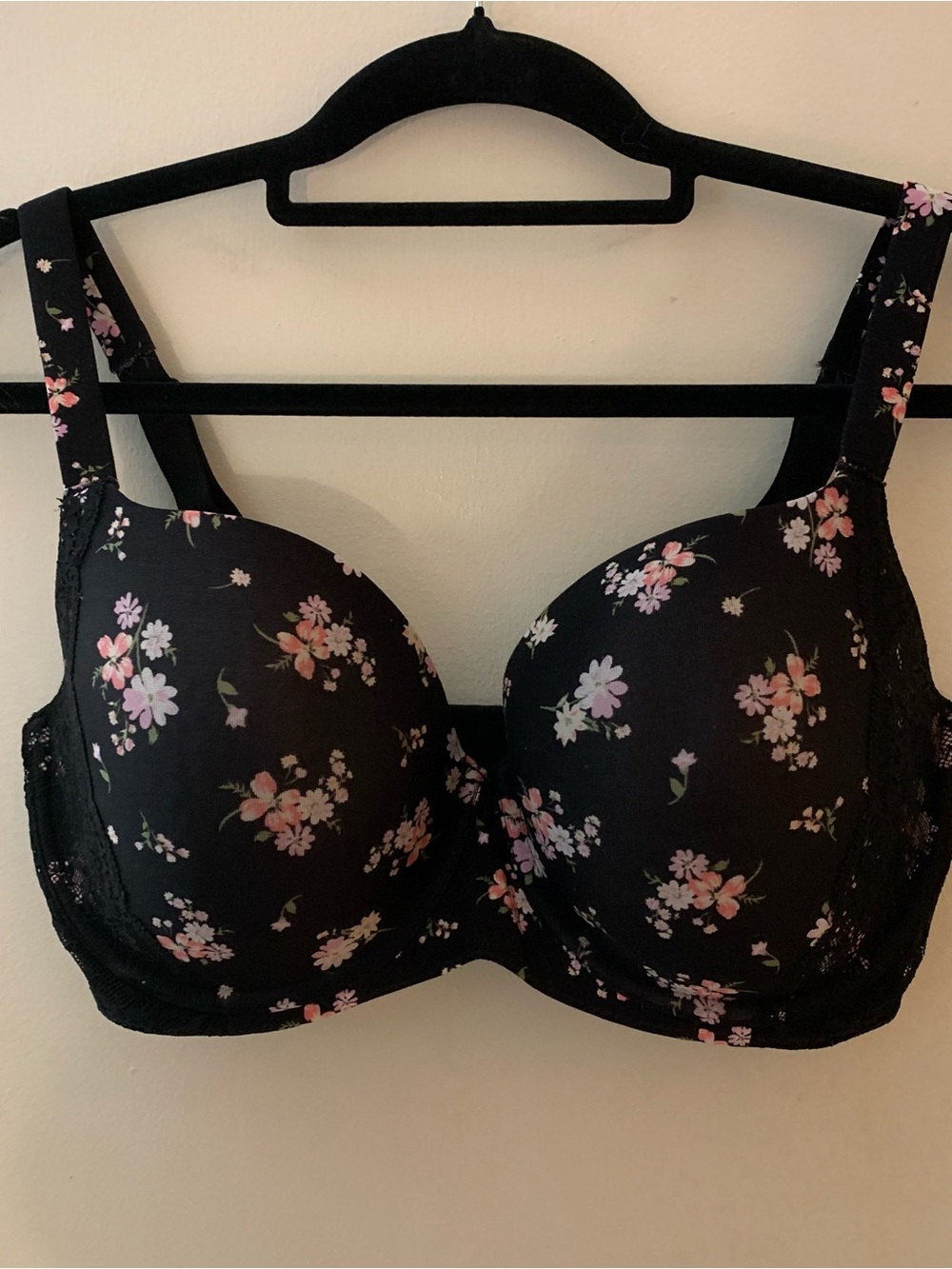 Secret Treasures Black Floral T-Shirt Bra with Pink Accents